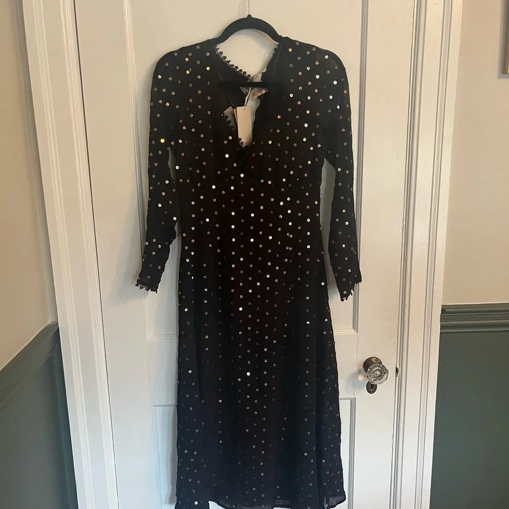 Monsoon Black Midi Dress with Gold sequin and lace detailing - Picture 5 of 9